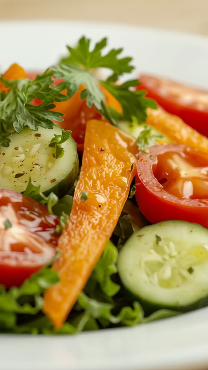 Vertical video: Camera starting panning over salad bowl on counter, showing cucumber tomato slices