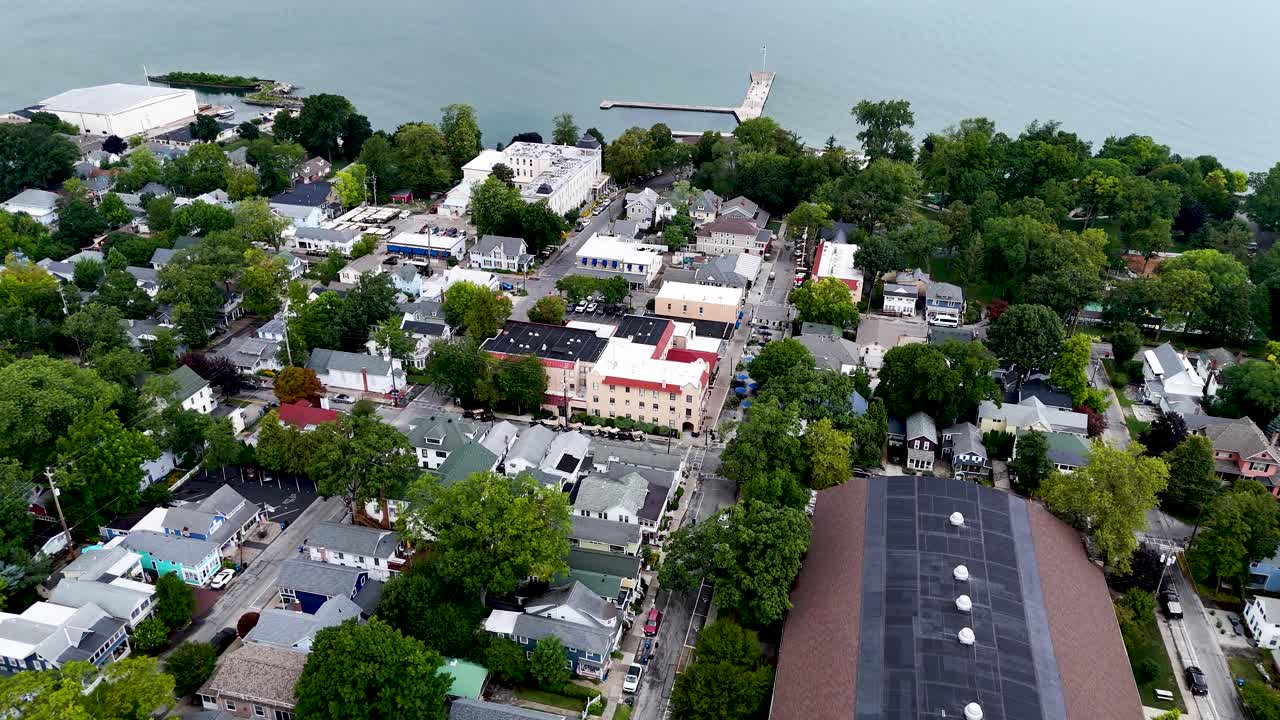 Lakeside Chautuaqua, Ohio, homes on shoreline, aerial drone