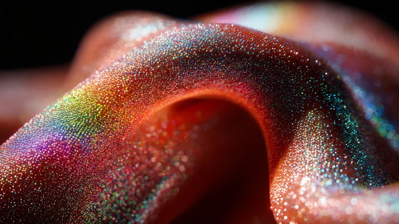 A Glimmering Fabric: The Close-Up Exploration of Textured, Colorful Material with Sparkling Elements Capturing Light and Creating an Iridescent Effect in an Elegant Display