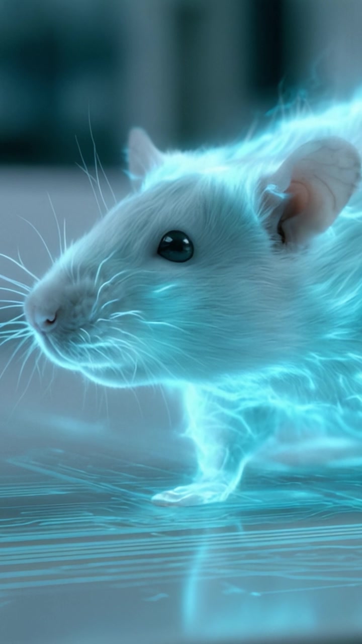 Una trasformazione sorprendente: un topo bianco luminoso si carica di energia elettrica in un ambiente futuristico, catturando l'innovazione evolutiva e la meraviglia scientifica