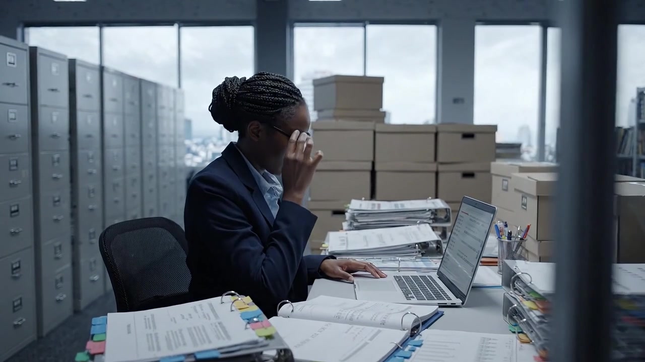 Focused professional working in a modern office surrounded by organized files and documents, diligently typing on a laptop, with natural light streaming in.