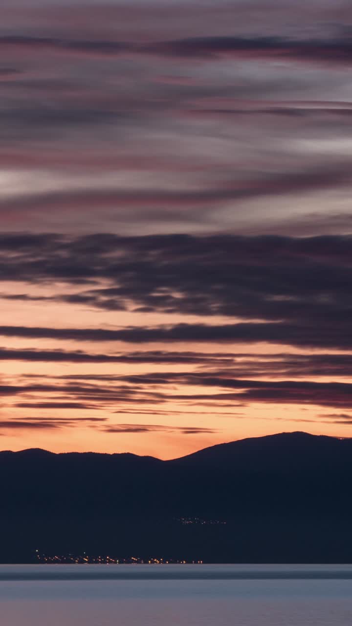 Dramatic Time Lapse Sunset Over Lake with Distant City Lights