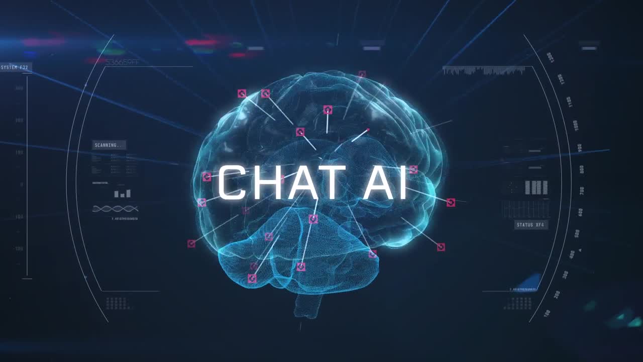 Animation of artificial intelligence chat text and data processing over human brain