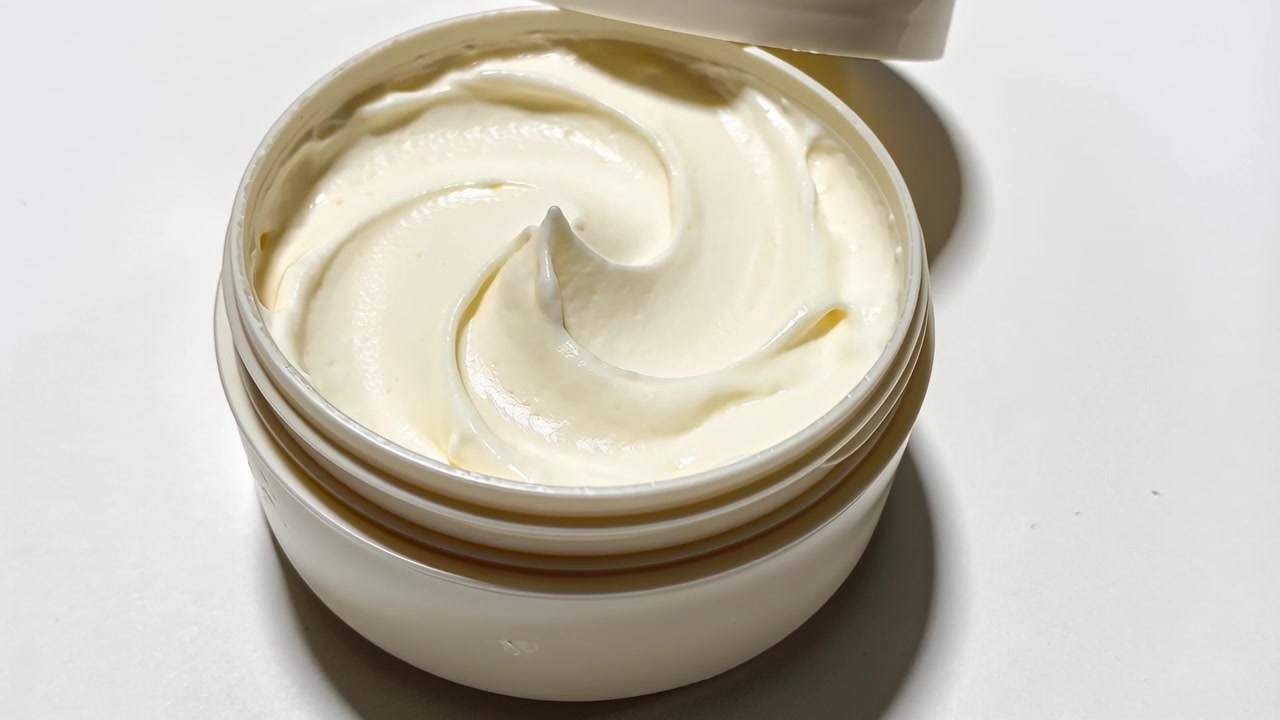 Telecamera in movimento che rivela un vasetto di cosmetico bianco su sfondo bianco, mostrando una spirale di crema e il coperchio sollevato.