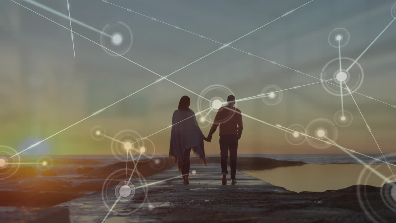 animación de la red de conexiones sobre una pareja caucásica caminando por la playa