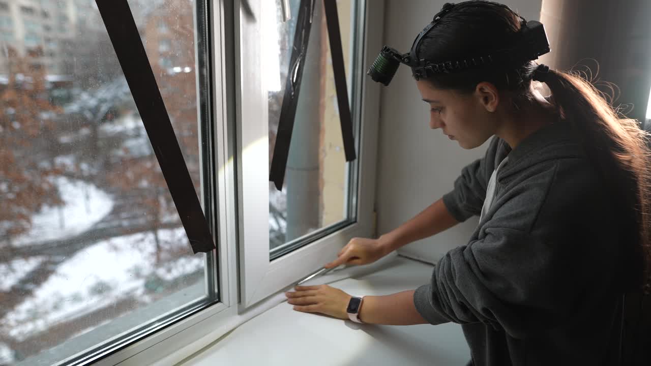 창문 weatherstripping을 설치하는 여성