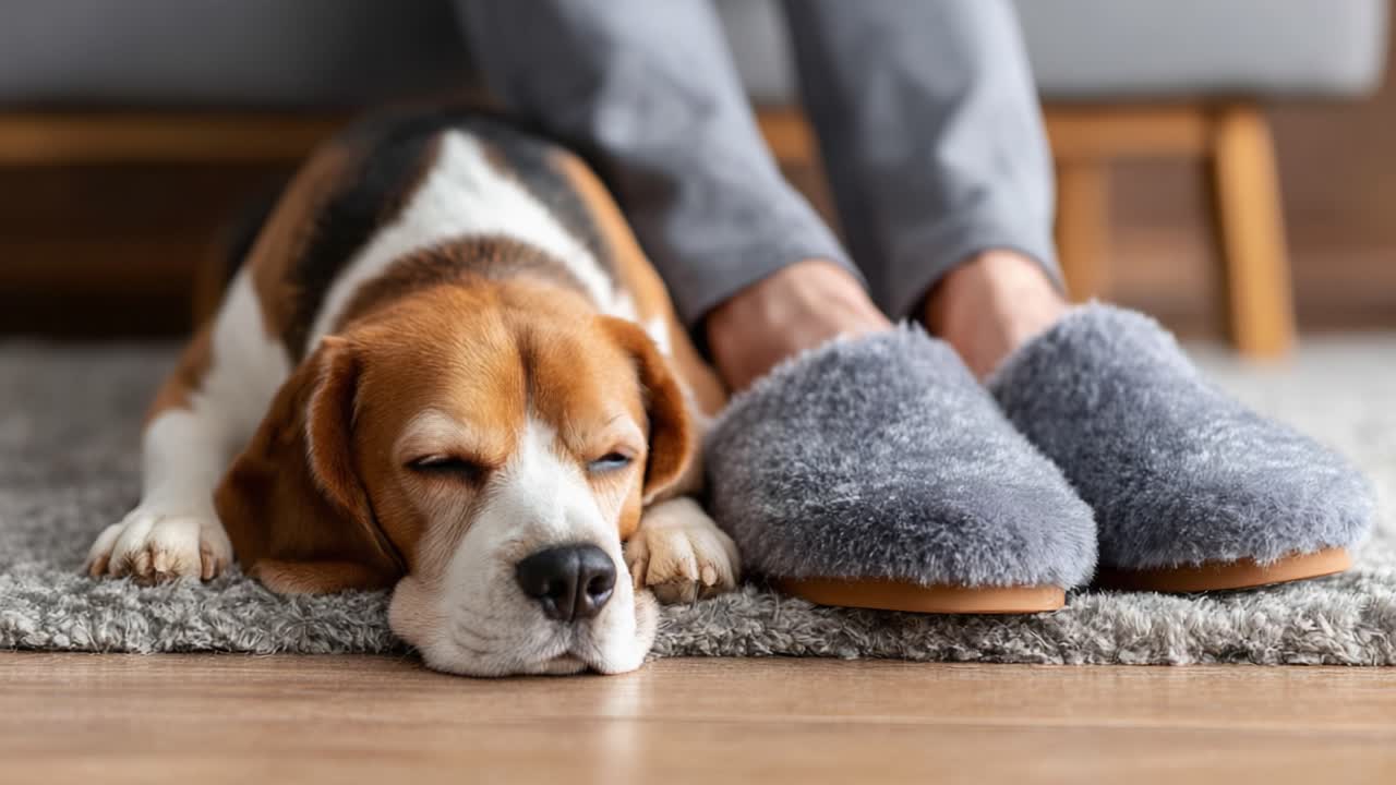 Un momento di relax: un beagle è comodamente sdraiato su un tappeto accogliente accanto a una persona che indossa delle pantofole morbide, evidenziando il legame tra gli animali domestici e i loro proprietari