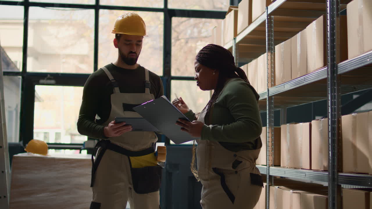 Warehouse workers checking inventory with tablet and clipboard