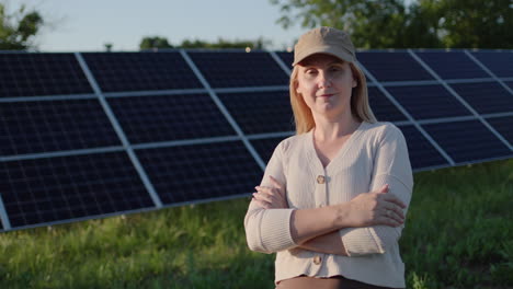 Retrato-De-Una-Mujer-Con-El-Telón-De-Fondo-De-Paneles-De-Plantas-De-Energía-Solar