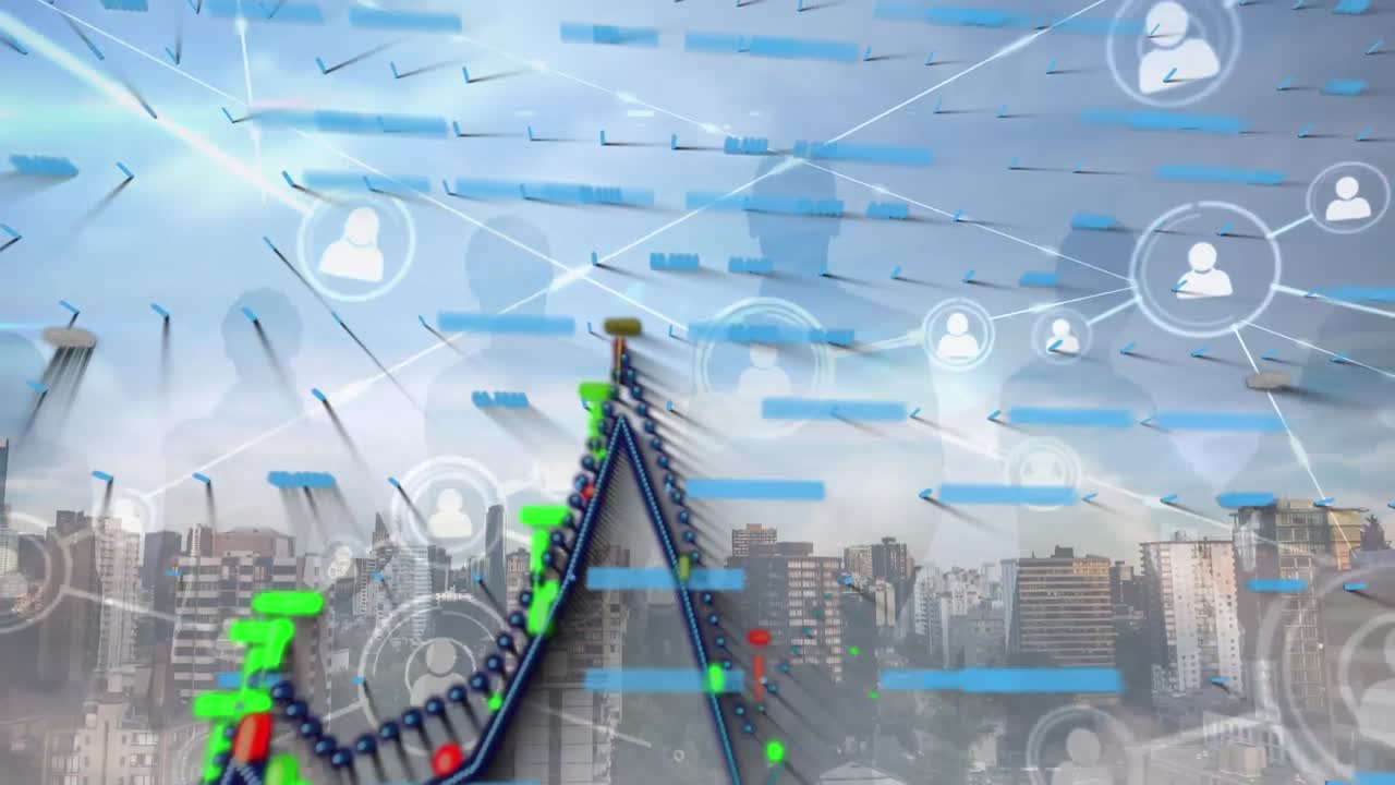animación de la interfaz digital y el gráfico con la red de conexiones sobre el paisaje urbano