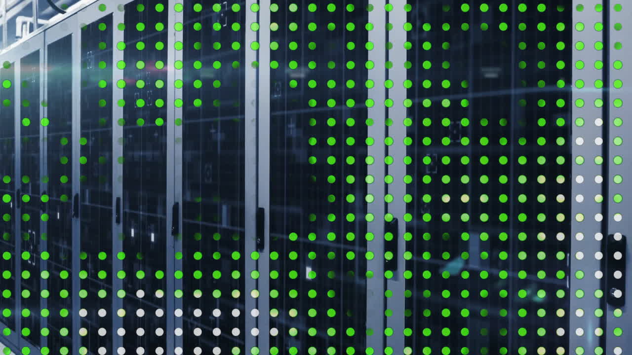 Green and white dots data processing animation over server racks in data center