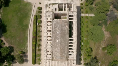 Temple-of-Hephaestus-Athens,-Greece-bird-eye-flying-up-revealing-shot-in-4k