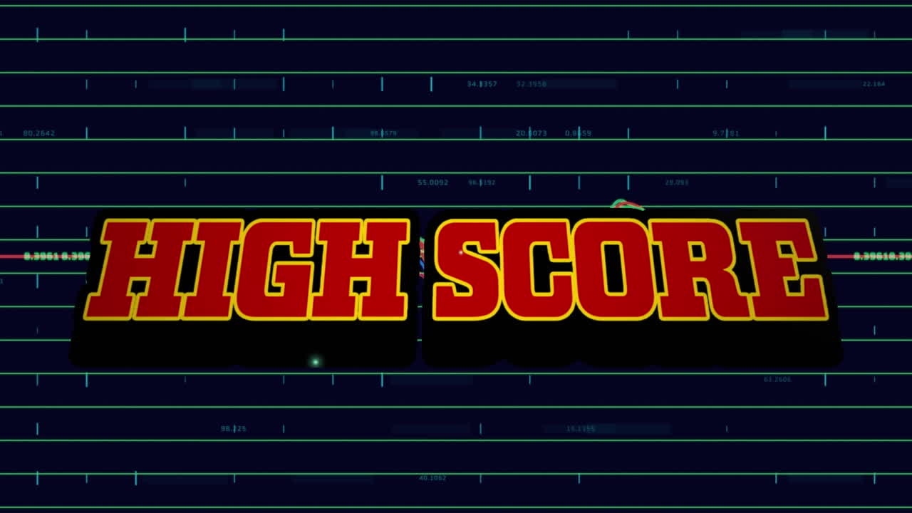 Animation of high score text over green lines and statistics data processing