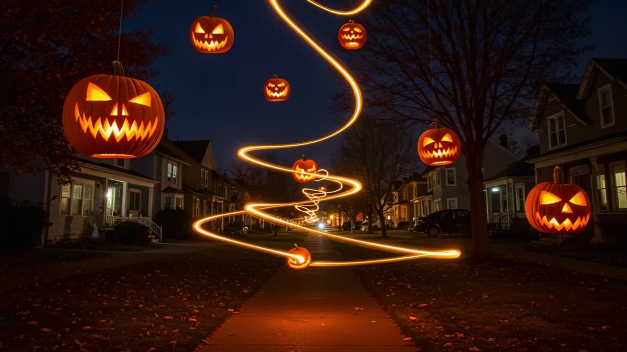 A Spooky Halloween Night Scene Featuring Glowing Jack-o'-Lanterns Cascading Down a Shadowy Residential Street with Twinkling Light Trails
