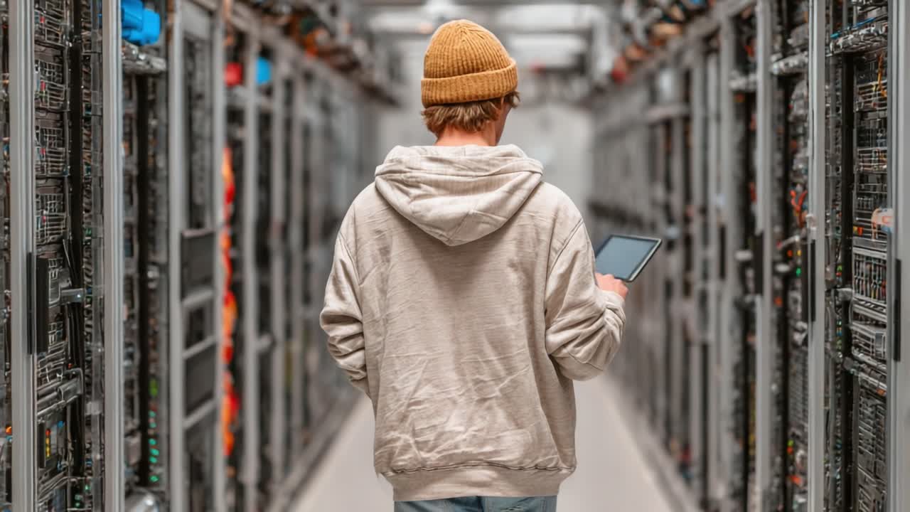 A Technician Examines Server Configurations in a Data Center While Using a Tablet, Surrounded by High-Tech Equipment and Racks of Server Hardware and Networking Gear