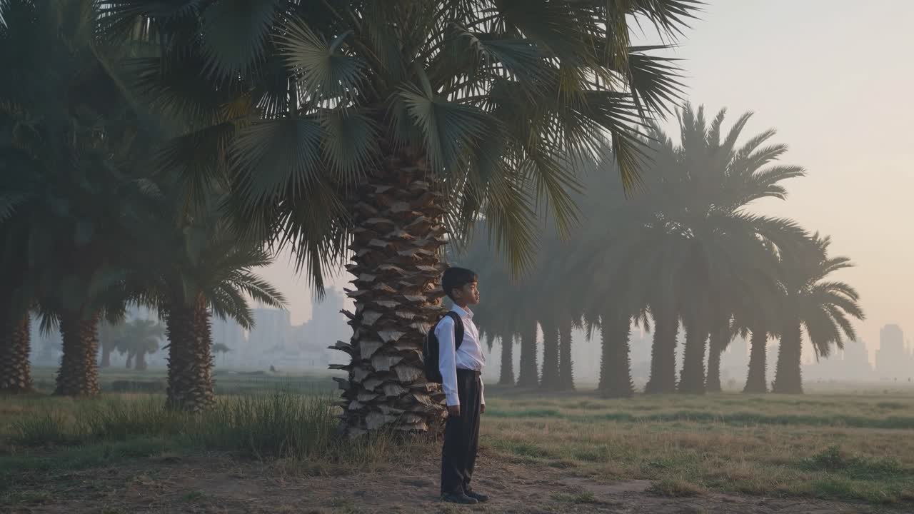 Student with backpack is standing under palm trees and looking at the city in the distance covered by the morning mist, in a suggestive atmosphere of hope and expectation