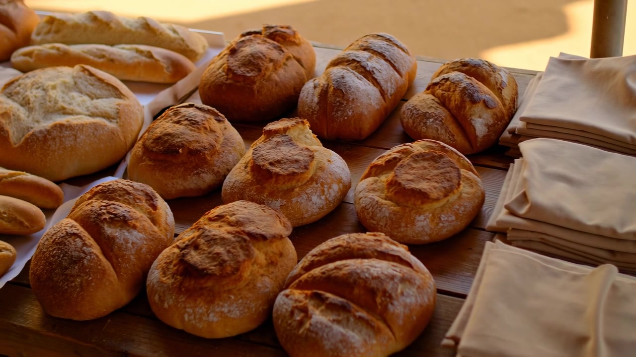 Golden baked bread rolls rest on a rustic wooden table beside neatly stacked napkins, with warm sunlight creating a cozy indoor dining atmosphere
