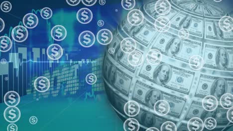 Animación-Del-Símbolo-Del-Dólar-En-Círculos-Con-Billetes-De-Un-Dólar-En-El-Globo-Contra-Gráficos-Y-Tablero-De-Comercio