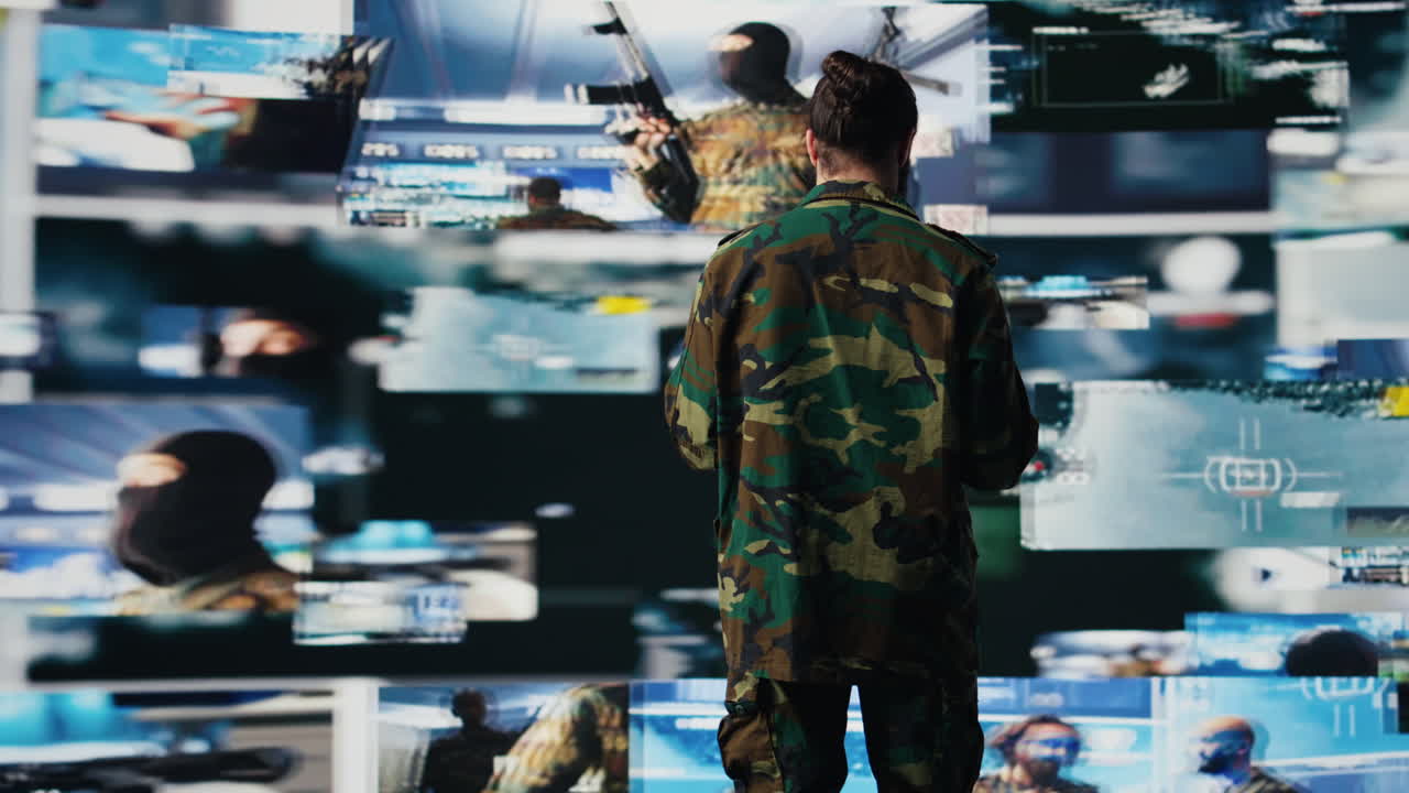 Armed forces officer monitoring drone and satellite imagery for intelligence