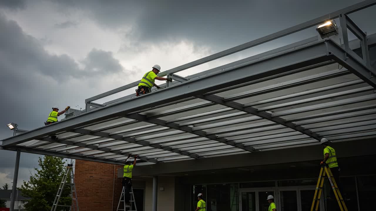 Construction workers install a new covering structure on a building's entrance while dealing with cloudy weather conditions in their safety gear and using ladders