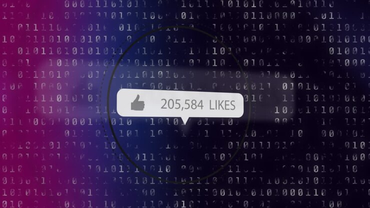 Video digitale unico di codice binario con un numero crescente di 'mi piace' sui social media