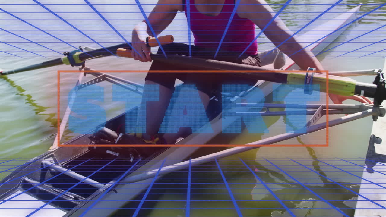 Woman rower gripping oars on lake dock, featuring animated health metrics overlay