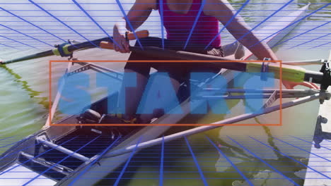 woman rower gripping oars on lake dock, featuring animated health metrics overlay