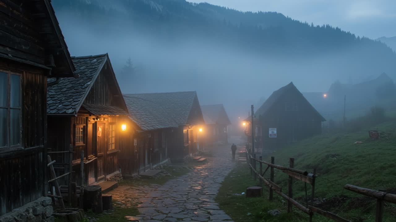 A Mystical Evening in a Foggy Village: Enigmatic Shadows and Warm Glow of Lanterns Illuminate the Quaint Pathway Surrounded by Serene Mountains