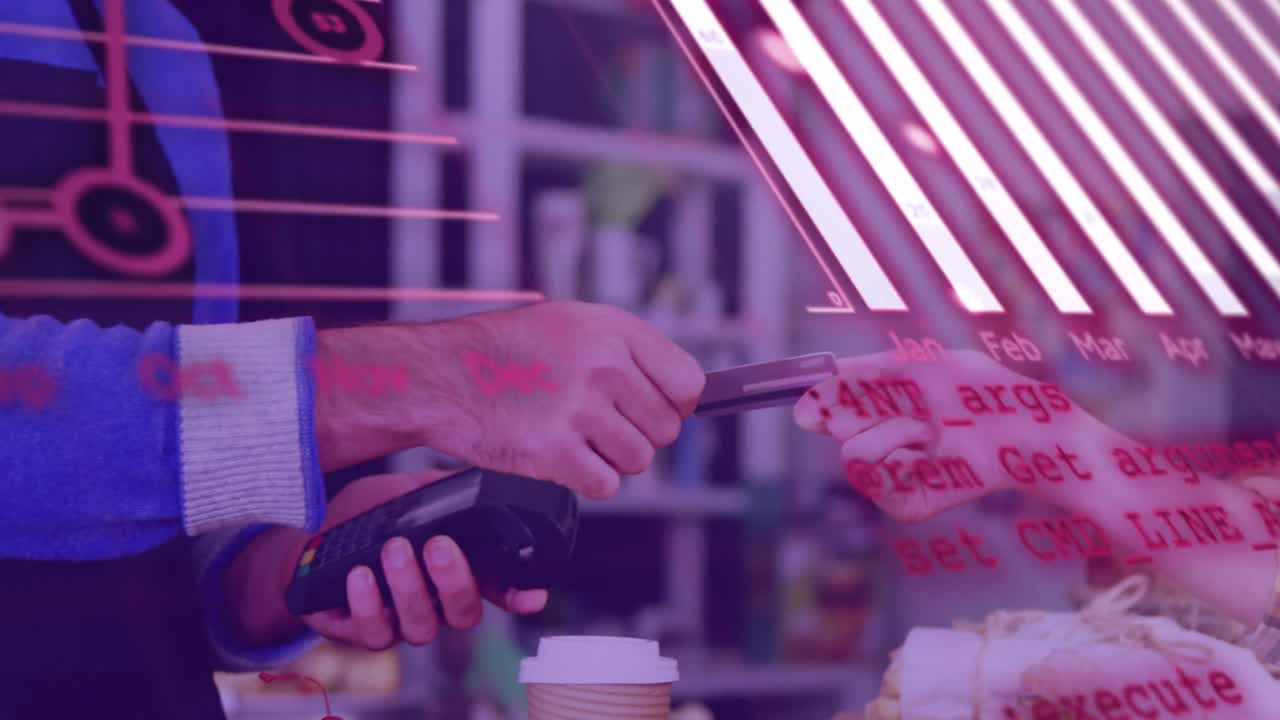 animación del procesamiento de datos con gráfico sobre diversas personas que pagan con tarjeta de crédito