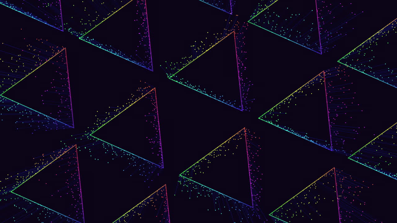 A colorful and dynamic seamless pattern consisting of vibrant colored triangles in a diagonal grid arrangement, overlapping each other to create a visually stimulating design