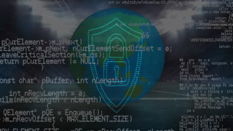 animación del procesamiento de datos a través de un candado en el globo y el estadio deportivo