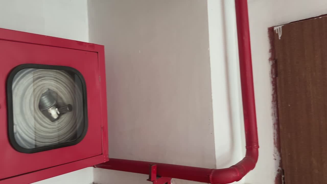 fotografía panorámica que muestra el armario de extintores montado en la pared, el carrete de la manguera de incendios, los extintores y las mangueras de incendios en los pasillos