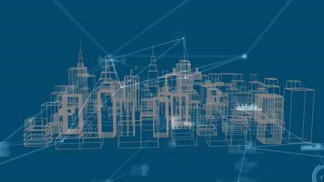 animation of network of connections over digital city on blue background