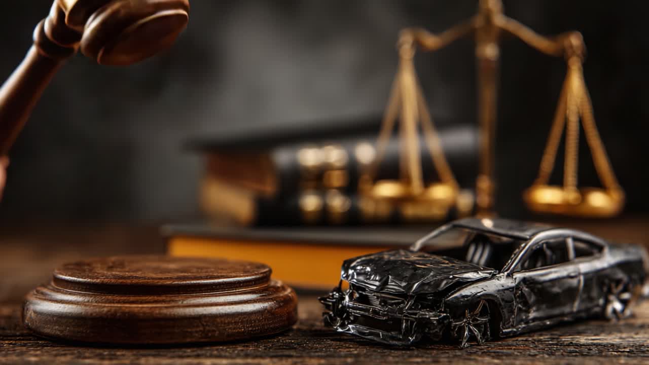 The Justice System: A Symbolic Representation of Law with a Gavel, Scales, and a Damaged Car Model Reflecting Legal Consequences of Accidents and Claims