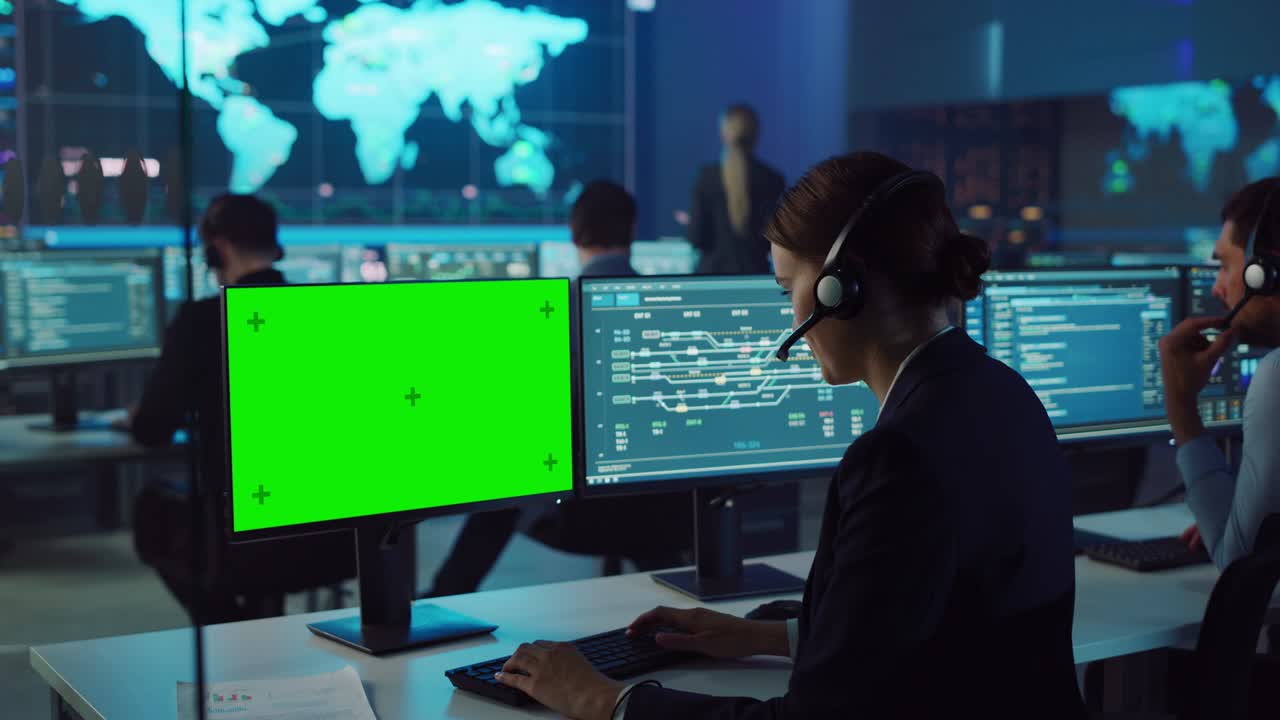 una mujer científica de datos confiada trabaja en una computadora personal con pantalla verde en una gran sala de control y monitoreo de infraestructura. una mujer ingeniera en auriculares en la oficina del centro de llamadas con colegas.
