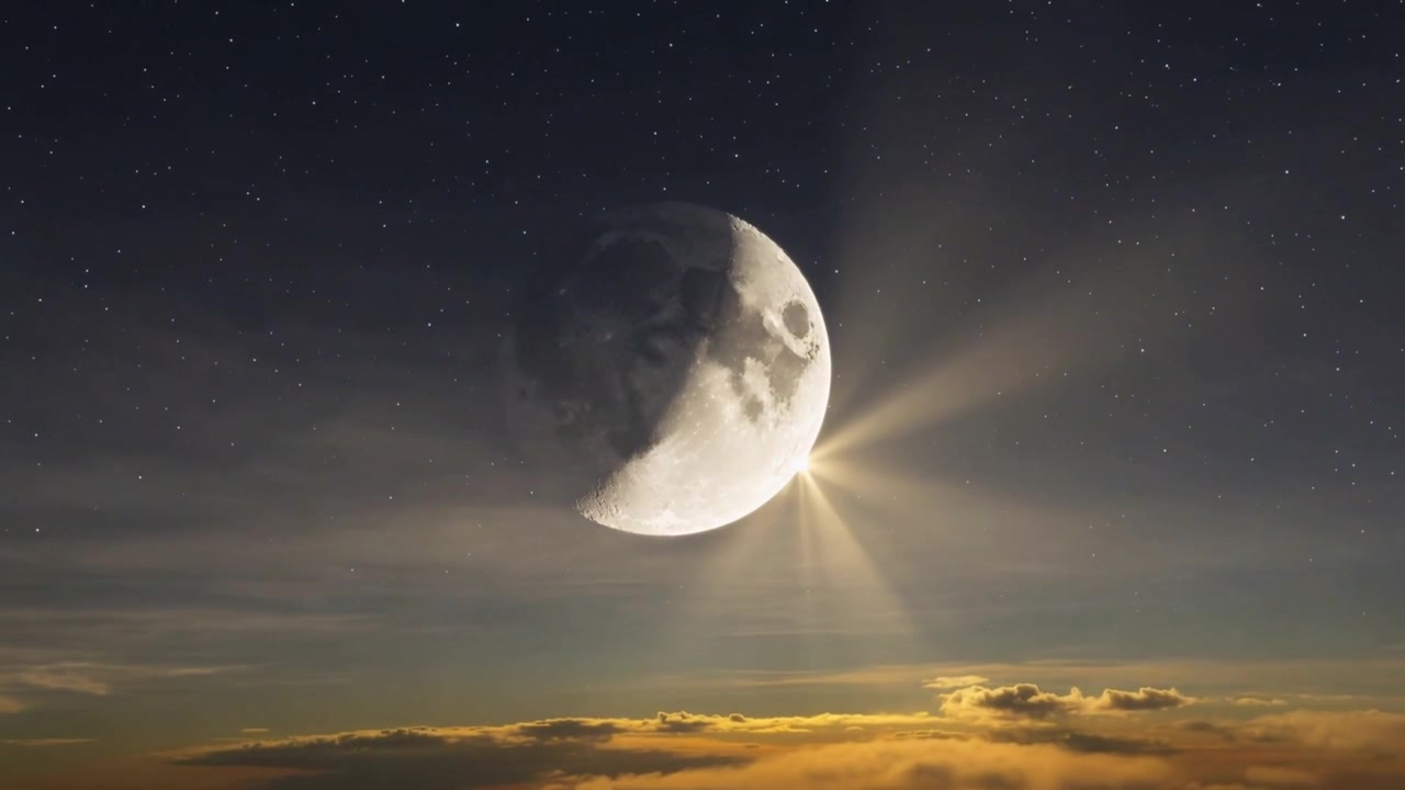 Revelando uma grande Lua expondo luz brilhante surgindo atrás do limbo inferior direito, banhando nuvens baixas em dourado.