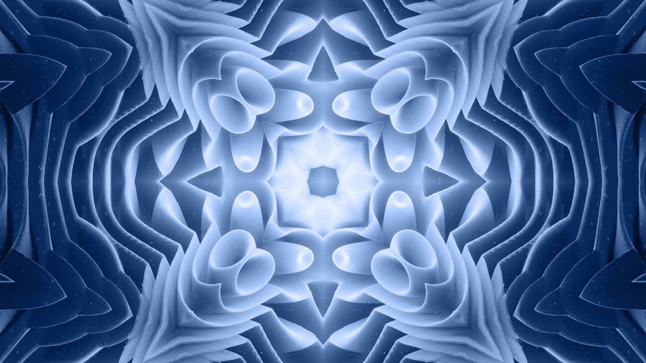 forma abstracta en 3d como una estrella o una flor, estructura simétrica de material de terciopelo azul negro intercalado con pañuelos, formas de cambios cíclicos suaves. fondo mate suave y elegante, animación suave.