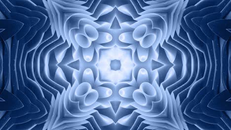 forma abstracta en 3d como una estrella o una flor, estructura simétrica de material de terciopelo azul negro intercalado con pañuelos, formas de cambios cíclicos suaves. fondo mate suave y elegante, animación suave.