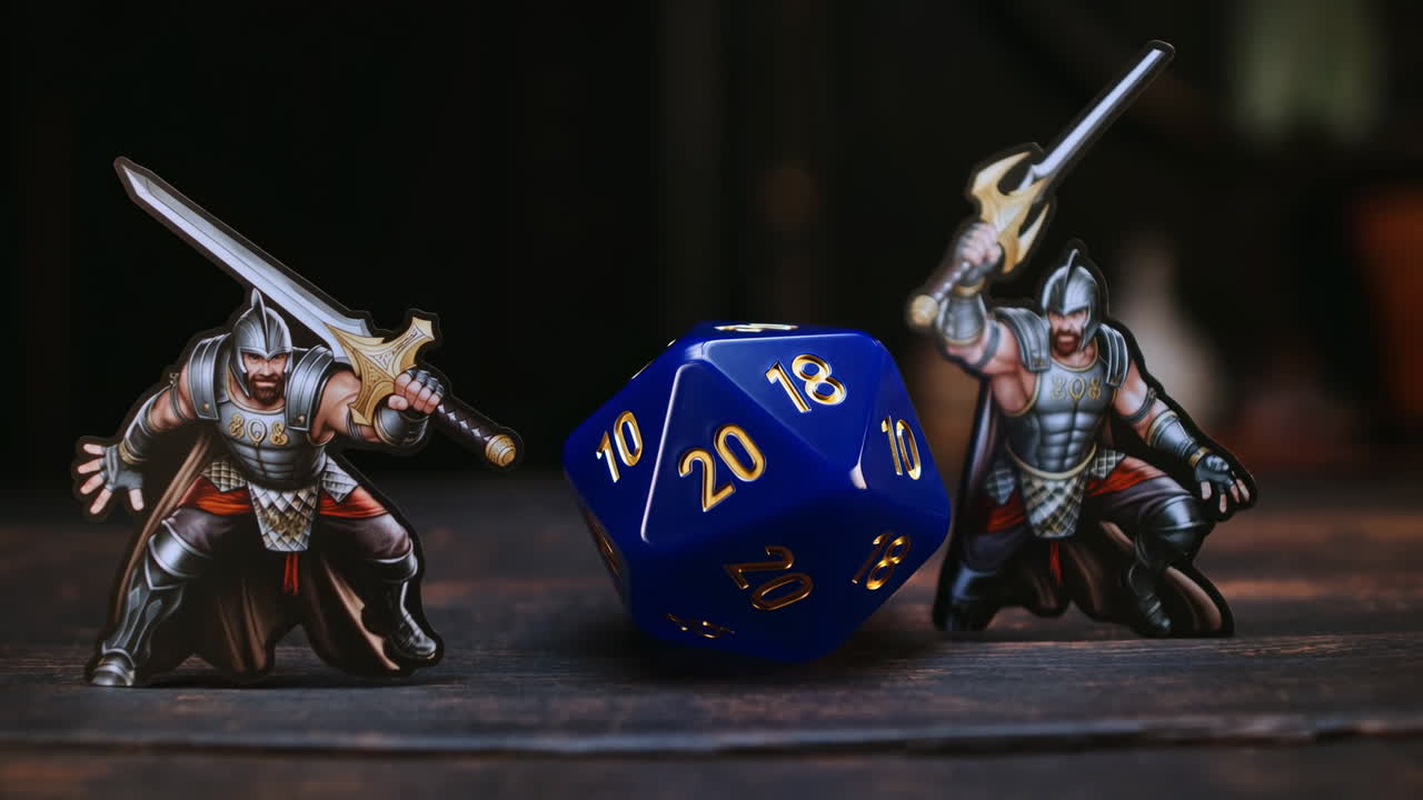 Blå D20 terning rullet med fantasy kriger miniaturer