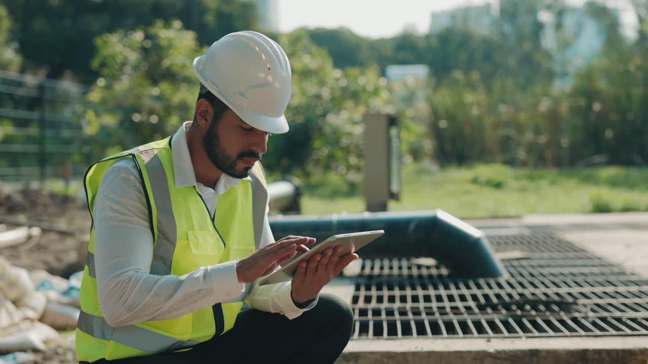 Construction worker inspecting drainage system