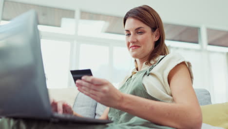 happy woman, laptop and credit card for online