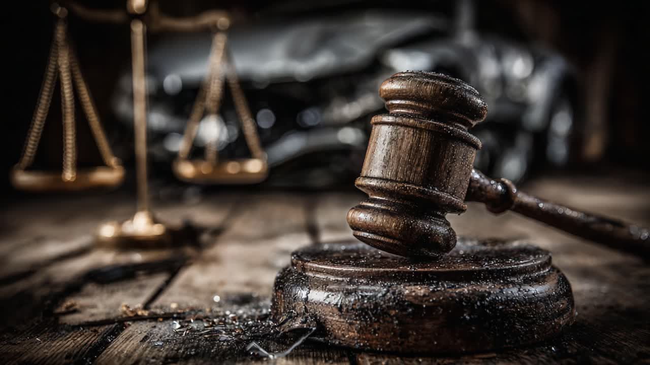 Rappresentazione simbolica della giustizia: un martelletto che poggia su una superficie impolverata con una bilancia sullo sfondo, evidenziando l'intersezione tra legge e giustizia in mezzo al caos.