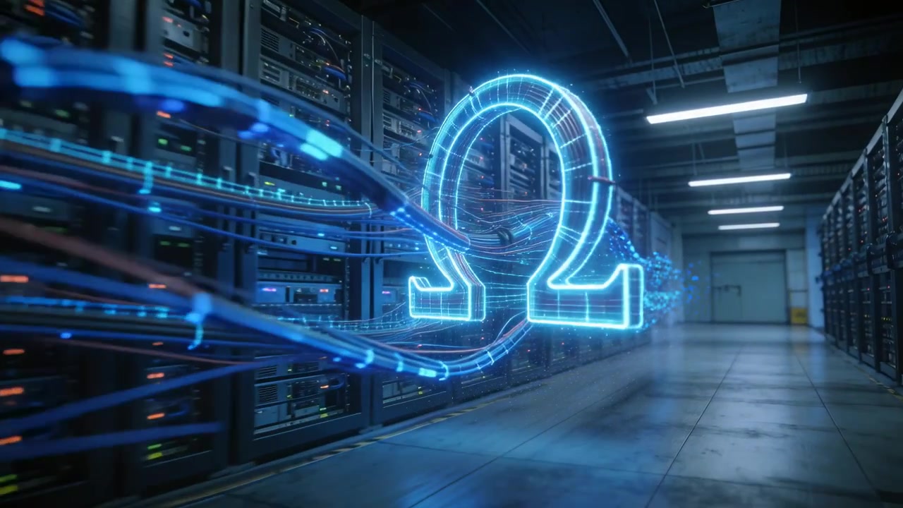 Emerging holographic Omega following rising data streams, moving through server aisle linking racks