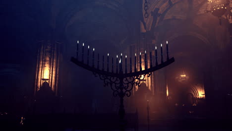 mysterious candlelit interior of an ancient cathedral at twilight