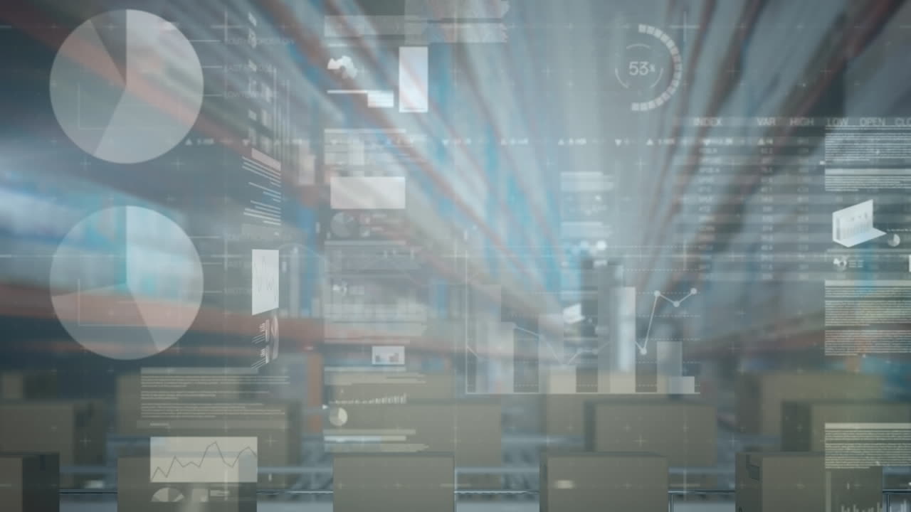 창고의 컨베이어 벨트에 있는 상자 위에서 금융 데이터 처리의 애니메이션