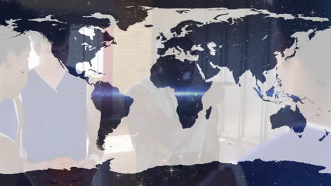 World map animation over people collaborating in modern office setting