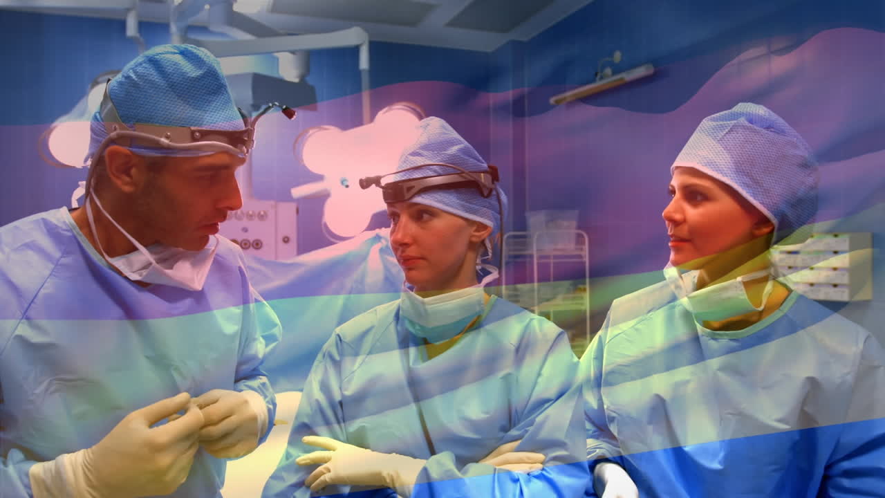 수술실에서 외과 의사 들 위 에 흔들리는 독일 국기 의 애니메이션