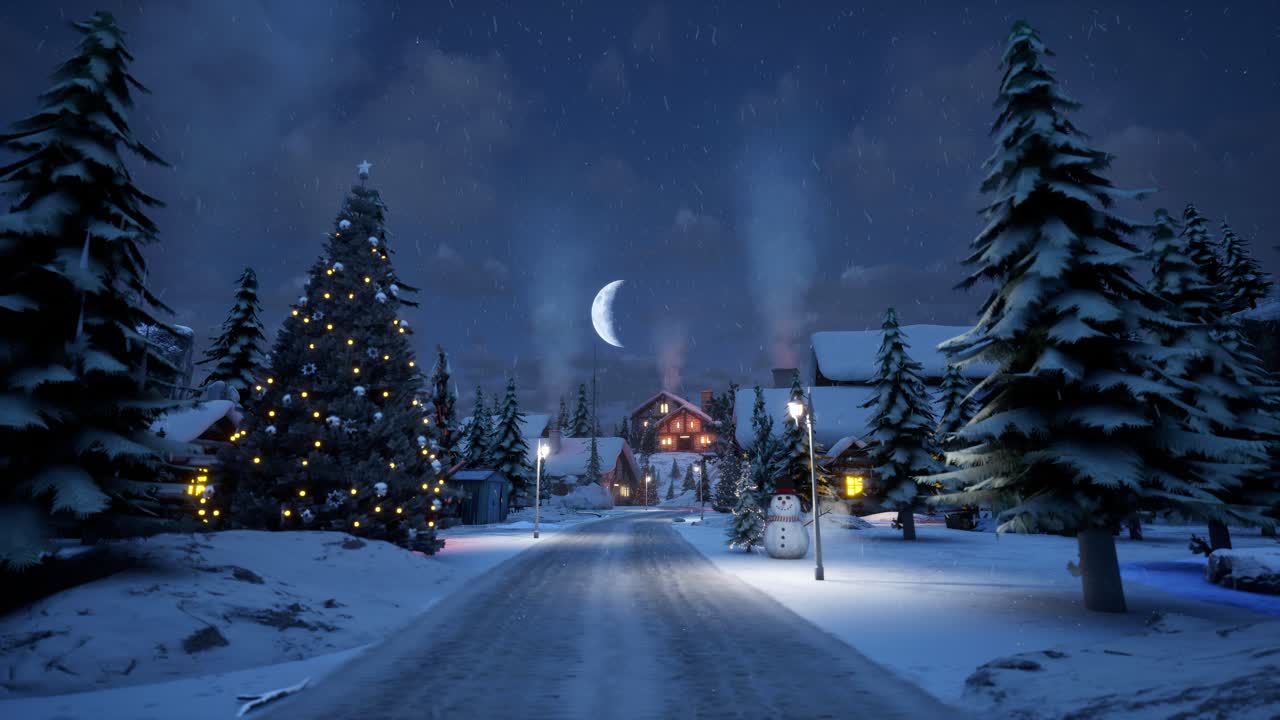 House In Middle Of Snowy Trees, Winter Blue Hour, Snow Falling