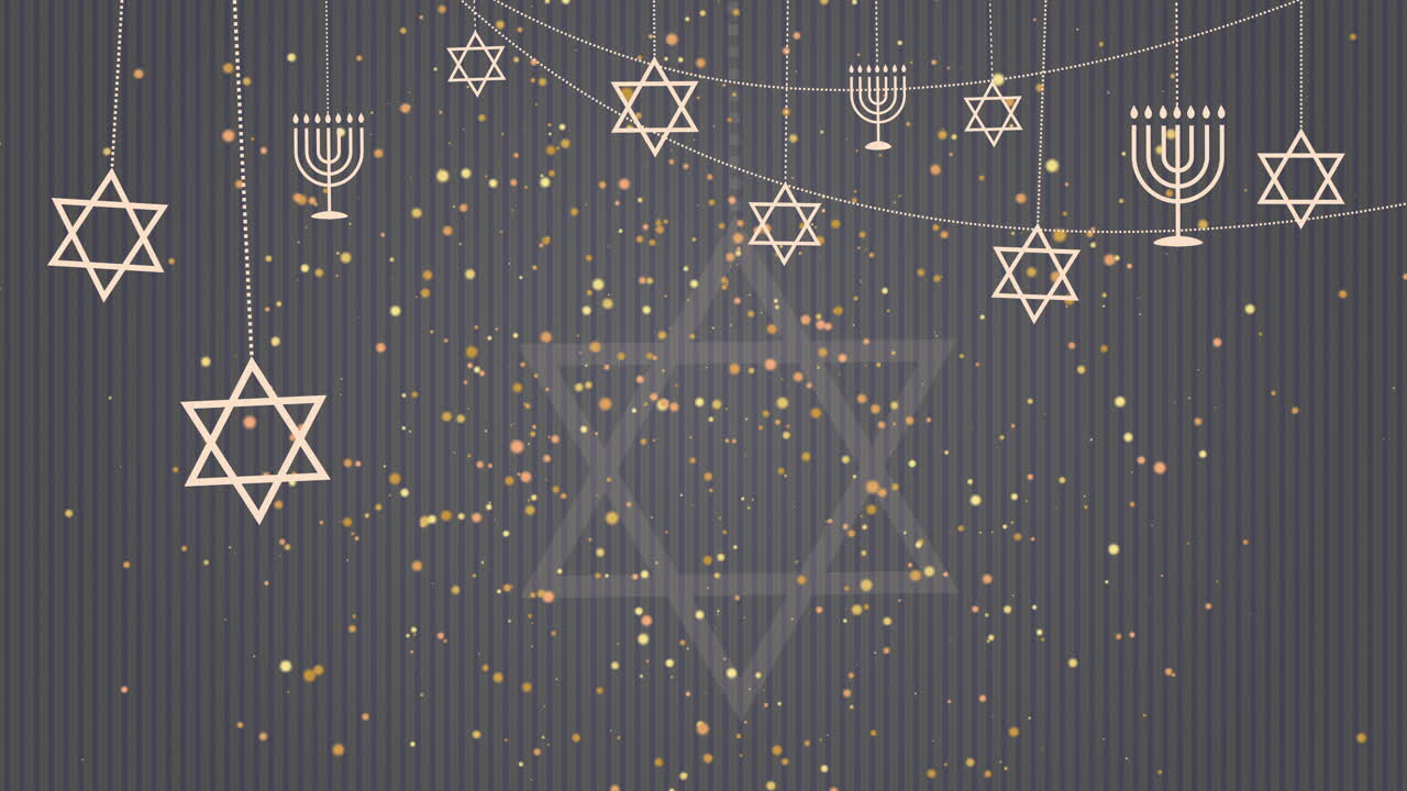 Star of David and Menorah are symbols of Judaism. Jewish characters on grey animated background with shiny particles. Looped video.