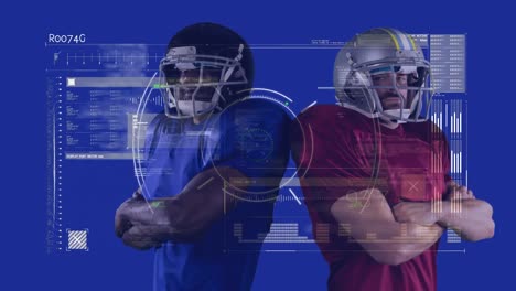 animación de radar y procesamiento de datos sobre dos jugadores de fútbol americano en fondo azul